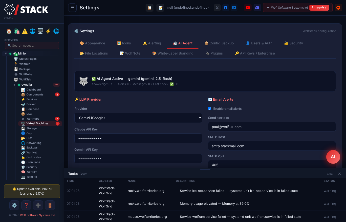 WolfStack AI Agent settings — Claude, Gemini, or local AI