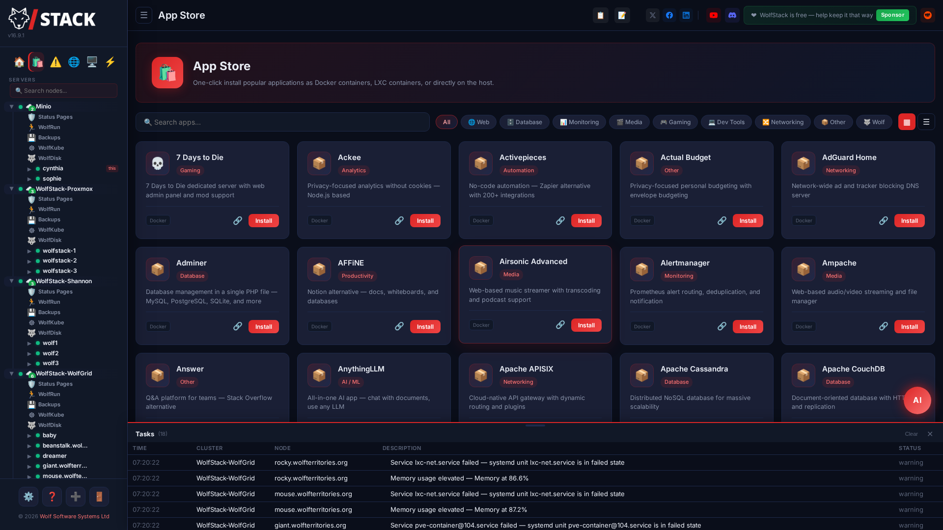 WolfStack App Store showing one-click application deployment