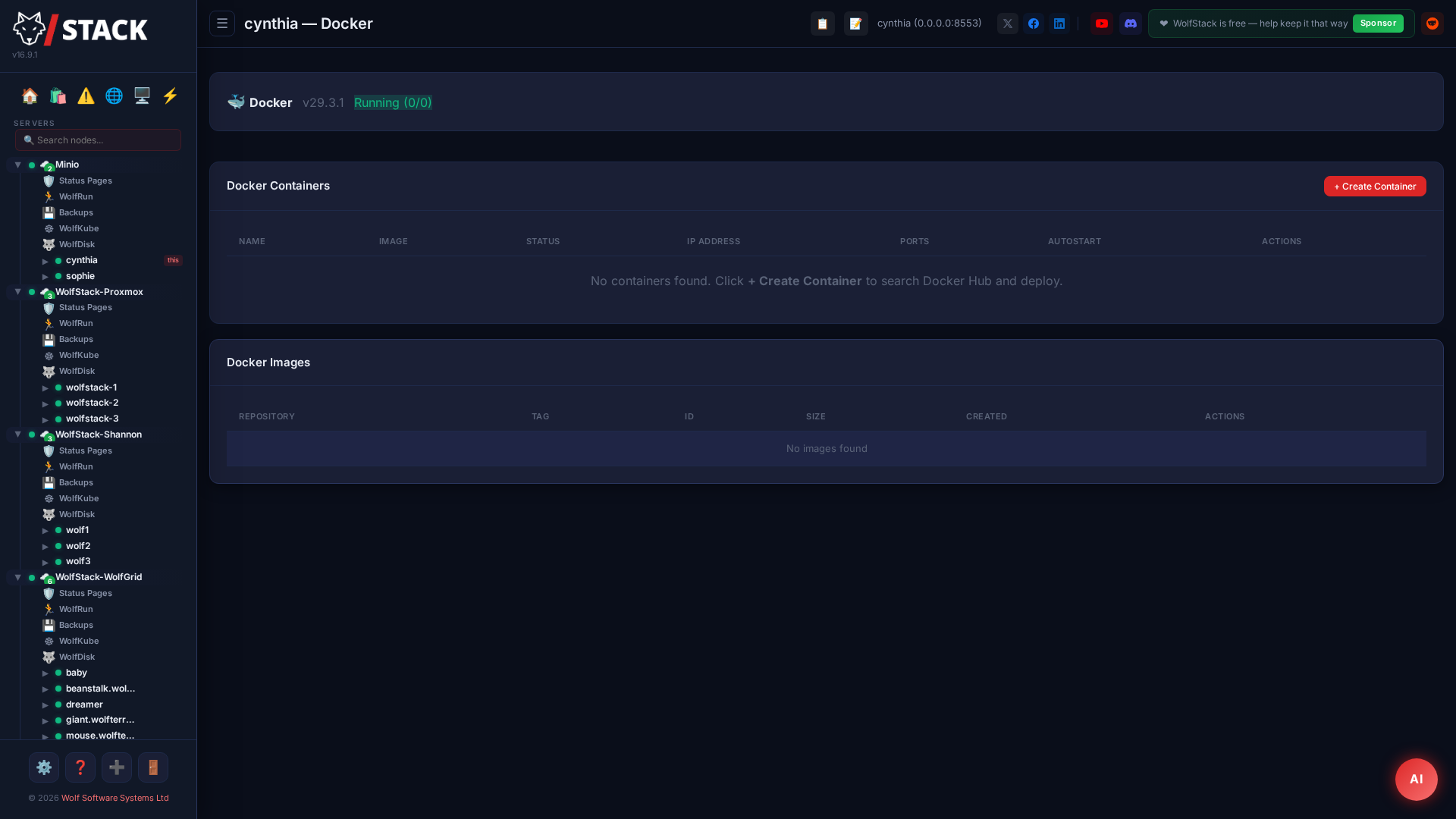 WolfStack container management showing Docker and LXC containers across multiple nodes