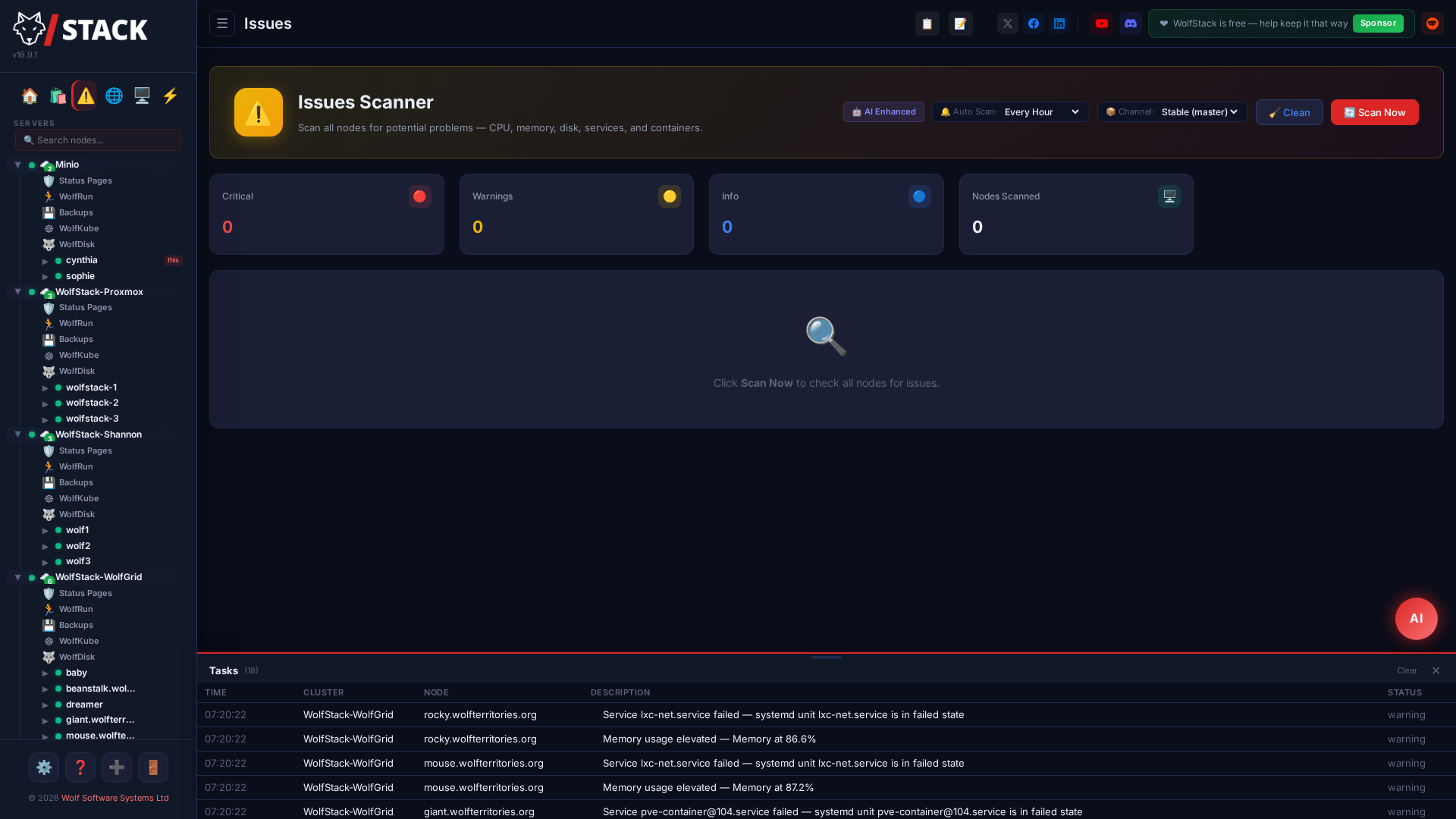 WolfStack alerting and issue detection