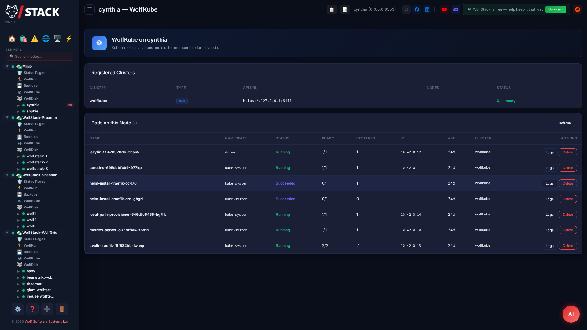 WolfStack WolfKube view showing a real Kubernetes cluster — pods, deployments, and PVCs listed in the WolfStack UI