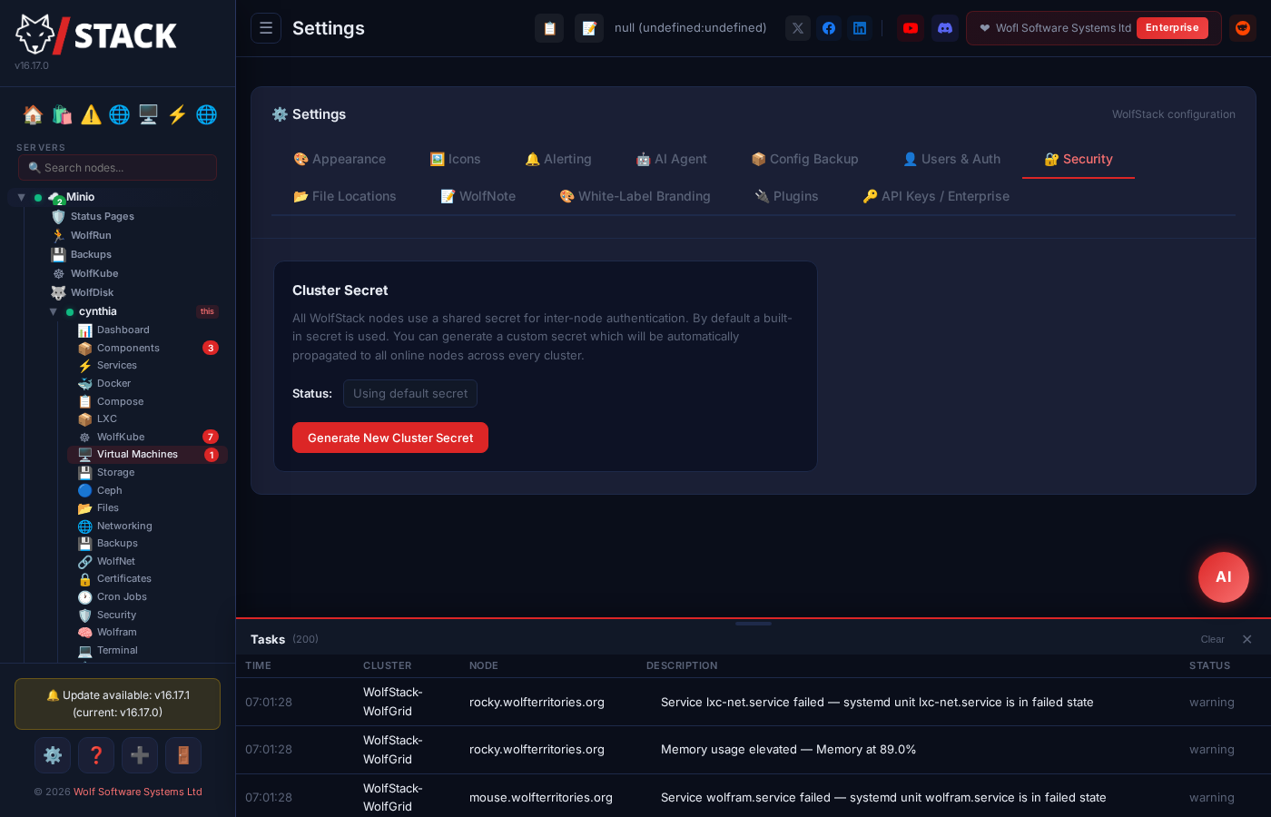 WolfStack cluster security settings showing custom cluster secret management