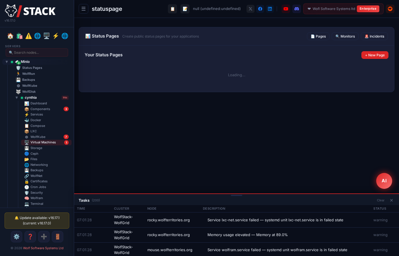 WolfStack public status pages with uptime monitoring