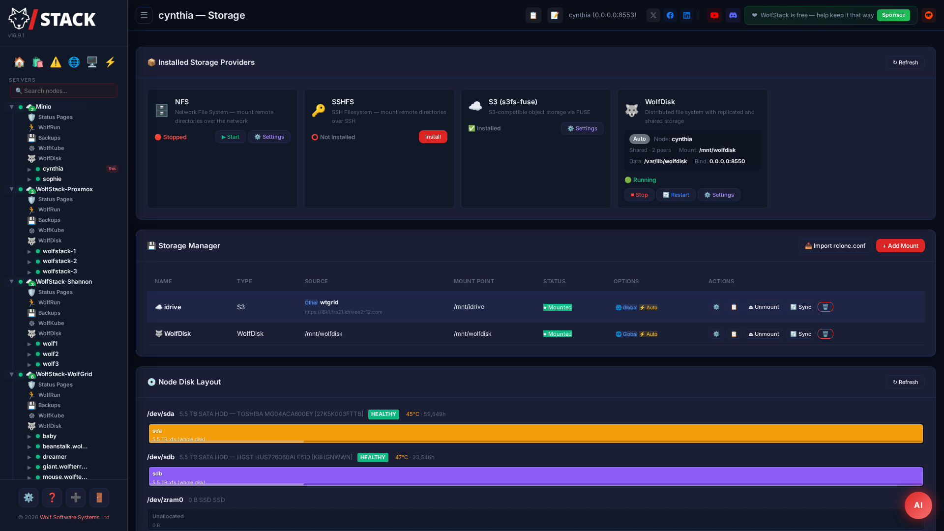 WolfStack storage mount management — S3, NFS, SSHFS