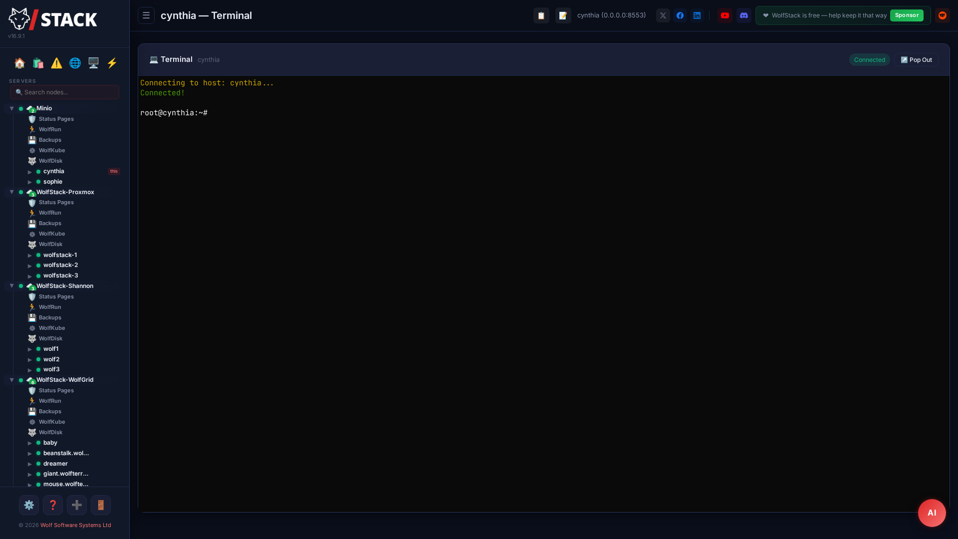 WolfStack web terminal — SSH in browser