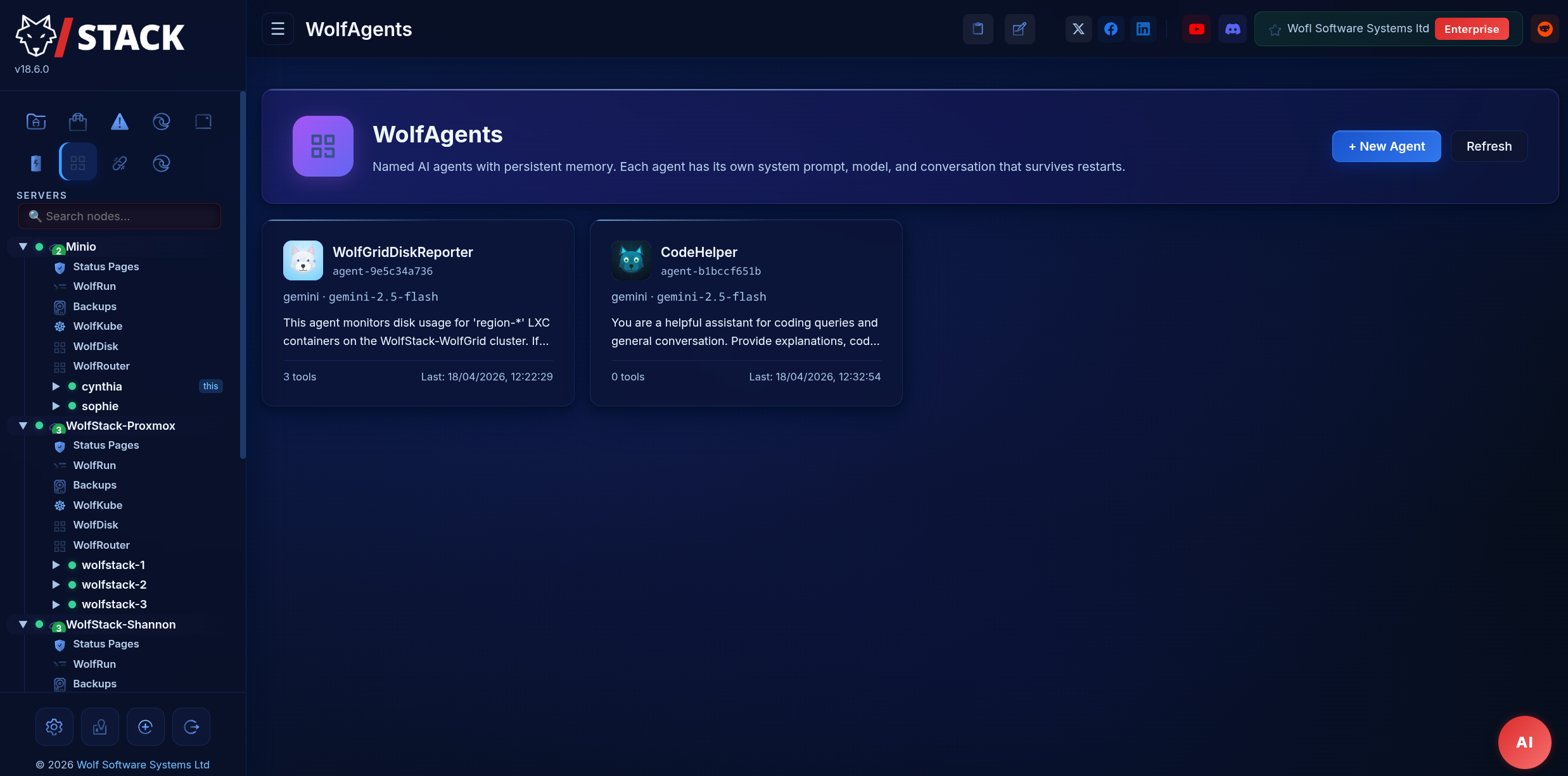 WolfAgents dashboard — named agents with avatars, pending queue, audit log