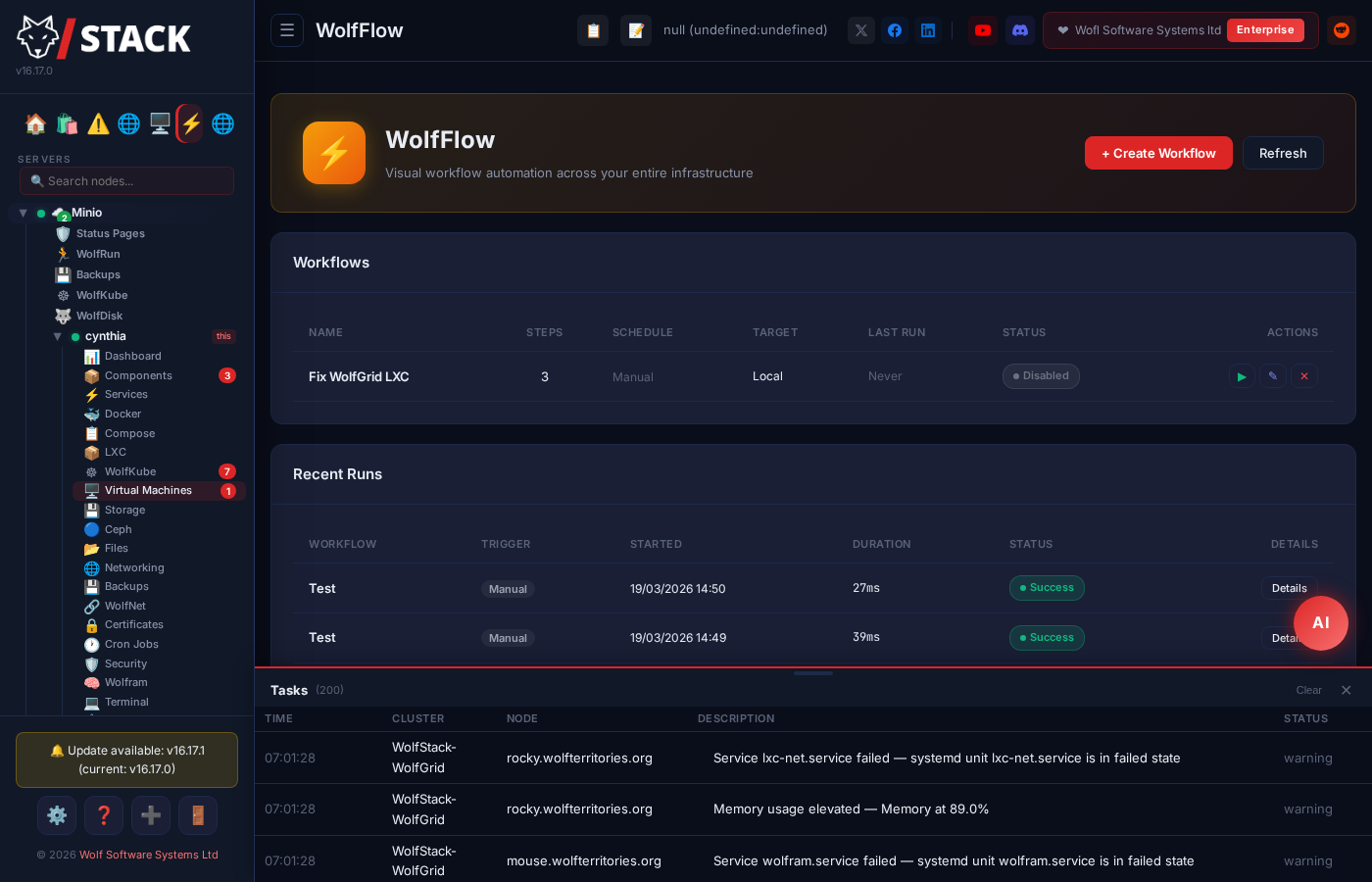 WolfFlow visual workflow editor with drag-and-drop action nodes
