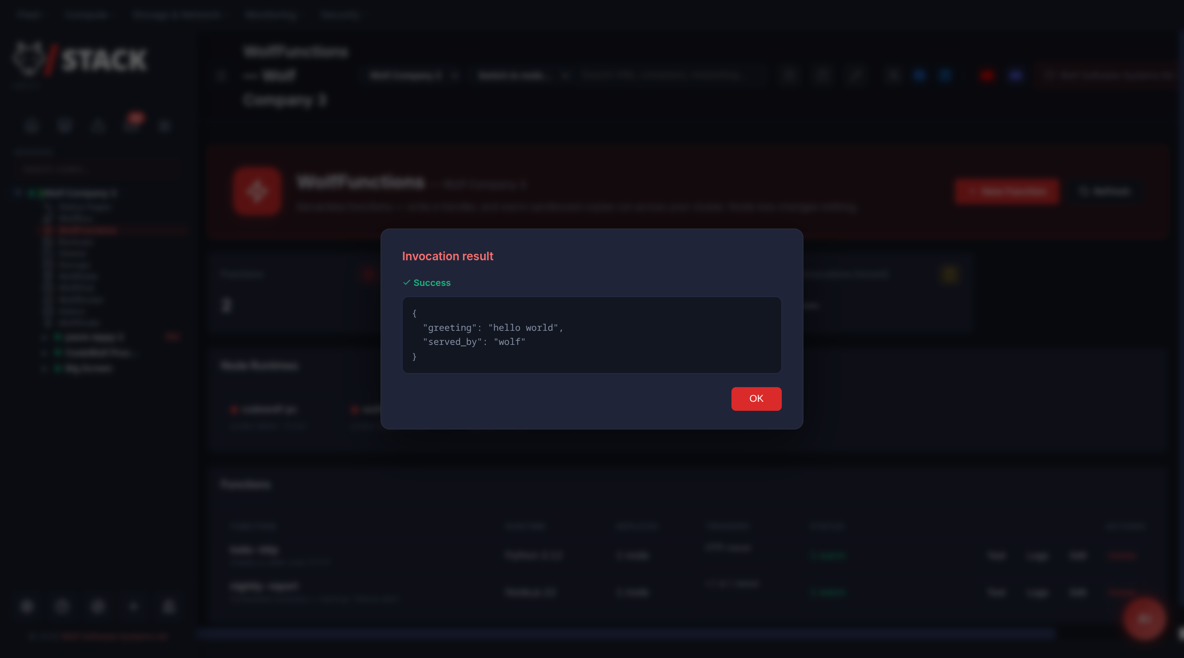A WolfFunctions test invocation returning a JSON result from inside a sandbox
