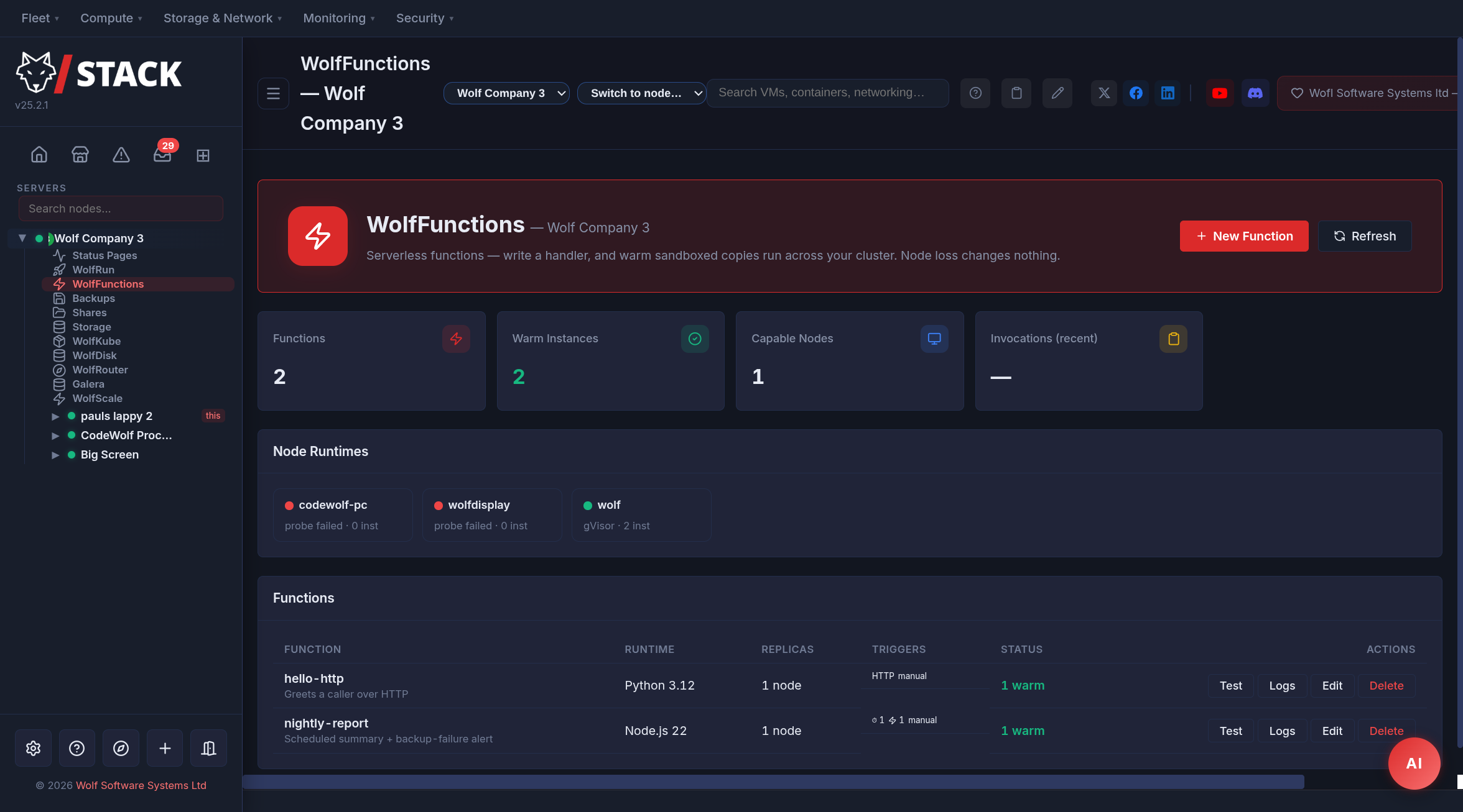 WolfFunctions dashboard — function list, warm instances, and per-node runtime health across the cluster